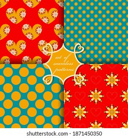 Set of seamless vector illustrations of Valentine's Day. Heart, abstract shapes, decorative flowers, design elements for decoration