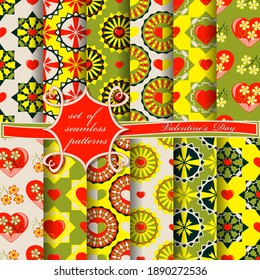 Set of seamless vector illustrations of Valentine's Day. Heart, abstract shapes, decorative flowers