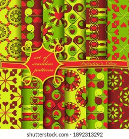 Set of seamless vector illustrations of Valentine's Day. Heart, abstract decorative shapes