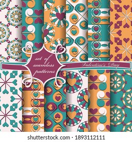 Set of seamless vector illustrations of Valentine's Day. Heart, abstract decorative shapes