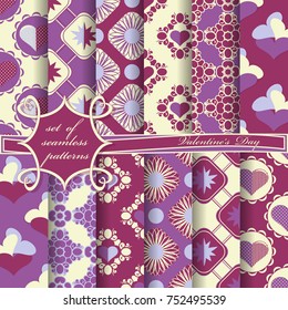set of seamless vector illustrations for Valentine's Day. Decorative  hearts, patterns