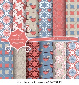 Set of seamless vector illustrations of Valentine's Day. Heart, abstract shapes, decorative flowers, design elements for scrapbook