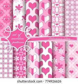 Set of seamless vector illustrations of Valentine's Day. Heart, abstract shapes, decorative flowers, design elements for scrapbook