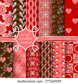 Set of seamless vector illustrations of Valentine's Day. Heart, abstract shapes, decorative flowers, design elements for scrapbook