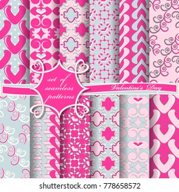 Set of seamless vector illustrations of Valentine's Day. Heart, abstract decorative shapes, design elements for scrapbook