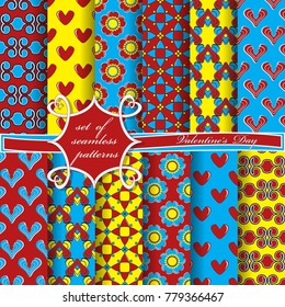 Set of seamless vector illustrations of Valentine's Day. Heart, abstract shapes, decorative flowers, design elements for scrapbook