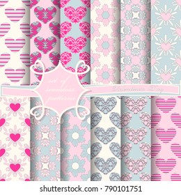 Set of seamless vector illustrations of Valentine's Day. Heart, abstract shapes, decorative flowers, design elements for scrapbook