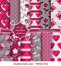 Set of seamless vector illustrations of Valentine's Day. Heart, abstract shapes, decorative flowers, design elements for scrapbook