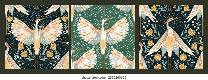 Set of seamless vector magic patterns with crane birds, magic wings art deco animals bird detailed