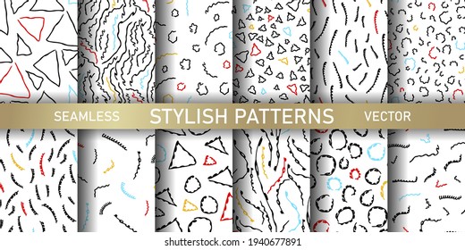 Set of seamless vector Memphis patterns. Collection abstract geometrical backgrounds for design, fabric, textile, wrapping etc.