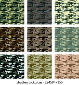 Set of seamless vector military patterns. Pattern for uniforms of soldiers, paintball, hunters and fishermen.
