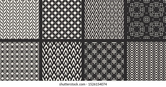 Set of seamless vector monochrome patterns. Collection of geometric backgrounds for fabric, textile, wrapping, cover, web etc. 10 eps design.