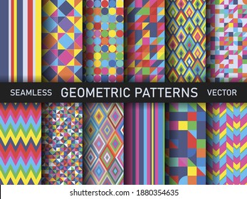 Set of seamless vector multicolor geometric shapes patterns. Collection of stylish abstract backgrounds for fabric, textile, web, cover, wrapping etc. 10 eps design.