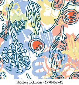 Conjunto de ornamentos vectoriales sin fisuras jardín de flores delicada ilustración femenina con manchas de doodles y motivos florales.