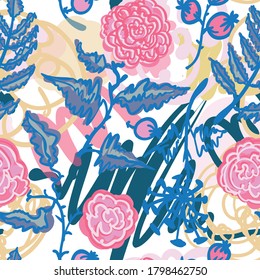 Set nahtloser Vektorschmuck floraler Garten delikate feminine Illustration mit Doodles-Blots und Blumenmotiven.
