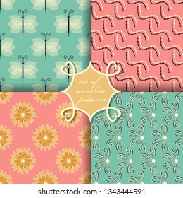 set of seamless vector paper with abstract shapes ornamental flowers, butterflies and design elements for decoration