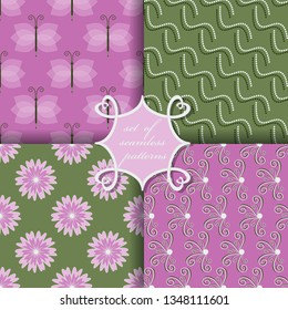 set of seamless vector paper with abstract shapes ornamental flowers, butterflies and design elements for decoration