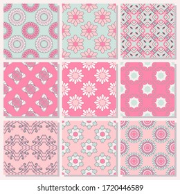 set of seamless vector paper with abstract geometric shapes decorative flowers, circular patterns and design elements for decoration