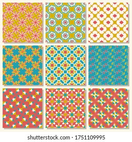 Satz nahtlosen Vektorpapiers mit abstrakten geometrischen Formen dekorativer Blumen und Gestaltungselemente für die Dekoration
