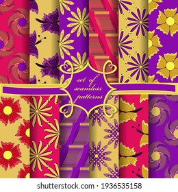 set of seamless vector paper with abstract geometric shapes, decorative flowers, butterflies and design elements for decoration