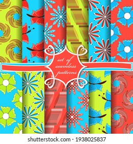 set of seamless vector paper with abstract geometric shapes, decorative flowers, butterflies and design elements for decoration