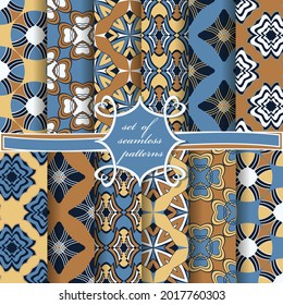 Satz nahtlosen Vektorpapiers mit abstrakten geometrischen Formen, dekorativen Blumen und Designelementen