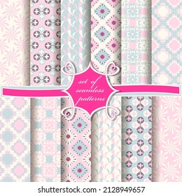 Set of seamless vector paper with abstract shapes, decorative flowers. Can be used for wallpaper, image fill, web page, background, surface.