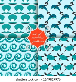 set of seamless vector paper with symbols of the sea