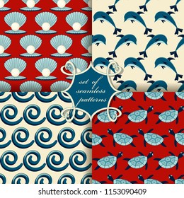 set of seamless vector paper with symbols of the sea