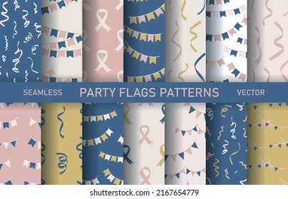 Set of seamless vector party flags patterns. Collection of celebration banner backgrounds for fabric, textile, wrapping, cover etc.