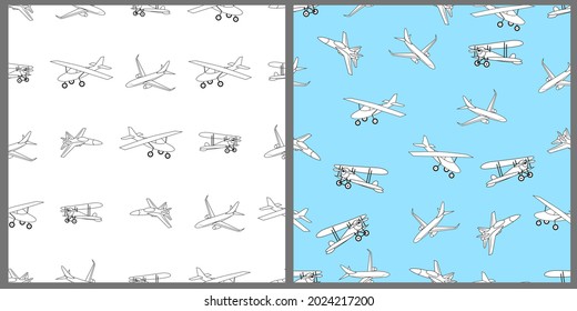 A set of seamless vector pattens. Black and white planes of different types are drawn on a white and blue isolated background. 