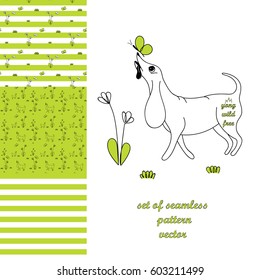 Set of seamless vector pattern and 1 element for print. Baby's or kid's fashion. Horizontal strips with design elements. Funny dog with butterfly.