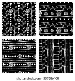 Set of seamless vector pattern. Black and white hand drawn endless background with ornamental decorative elements with ethnic, traditional, tribal motives. Series of Hand Drawn Ornamental Patterns.