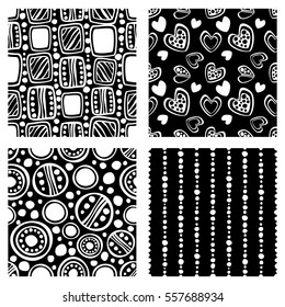 Set of seamless vector pattern. Black and white hand drawn endless background with ornamental decorative elements with ethnic, traditional, tribal motives. Series of Hand Drawn Ornamental Patterns.