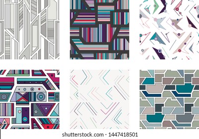 Set seamless vector pattern, colorful geometric background with rhombus triangles rectangles dots lines squares Abstract graphic vector design Seamless geometric pattern vector background Back ground