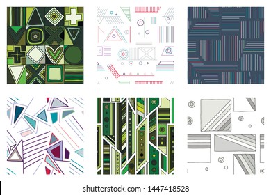 Set seamless vector pattern, colorful geometric background with rhombus triangles rectangles dots lines squares Abstract graphic vector design Seamless geometric pattern vector background Back ground
