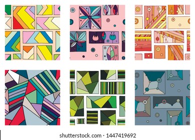 Set seamless vector pattern, colorful geometric background with rhombus triangles rectangles dots lines squares Abstract graphic vector design Seamless geometric pattern vector background Back ground