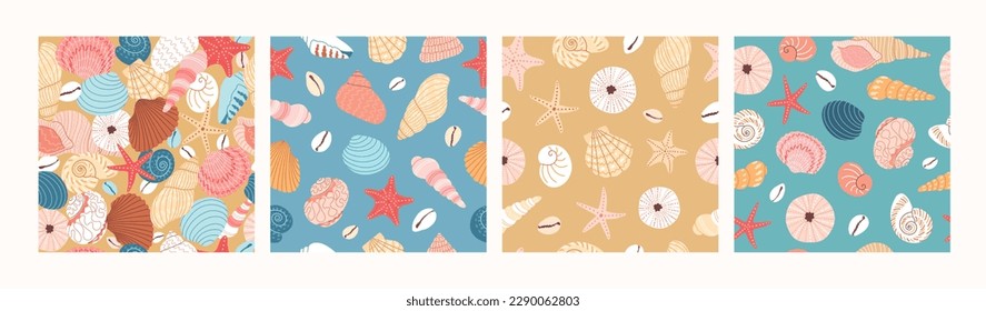 Conjunto de patrones vectoriales sin fisuras con conchas coloridas y estribaciones. Varias conchas en una playa tropical. Diseño de fondo marino de verano. Concepto de viajes de vacaciones. Ilustración de dibujos animados. 