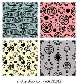 Set of seamless vector pattern. Colorful hand drawn endless background with ornamental decorative elements with ethnic, traditional, tribal motifes. Series of Hand Drawn Ornamental Seamless Patterns