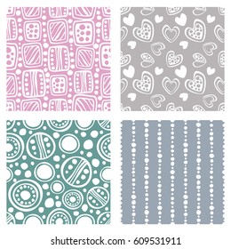 Set of seamless vector pattern. Colorful hand drawn endless background with ornamental decorative elements with ethnic, traditional, tribal motifes. Series of Hand Drawn Ornamental Seamless Patterns