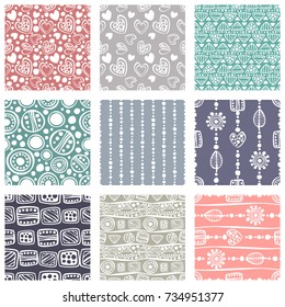 Set of seamless vector pattern. Colorful hand drawn endless background with ornamental decorative elements with ethnic, traditional, tribal motifes. Series of Hand Drawn Ornamental Seamless Patterns