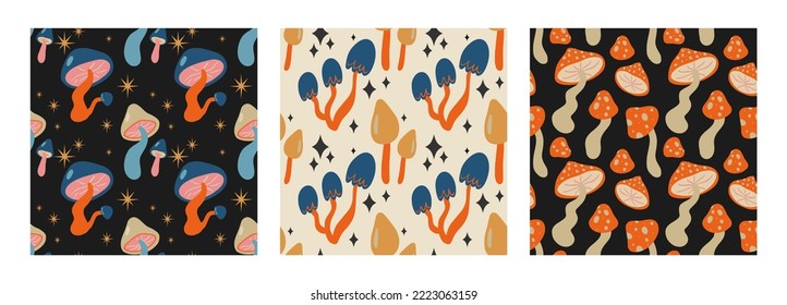 Set of Seamless vector pattern with cute cartoon colorful forest mushrooms. Creative design for printing on fabric, wallpaper and scrapbooking.