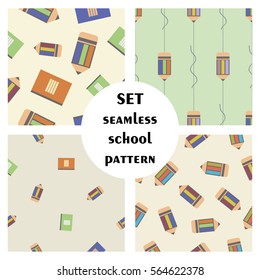 Set of seamless vector pattern, different backgrounds with colorful  pencils and notepad