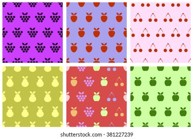 Set of seamless vector pattern with fruits. Hand drawing. Colorful symmetrical background with apples, pears, cherries, berries and strawberries. Series of Fruits and Sets of Simple Patterns.