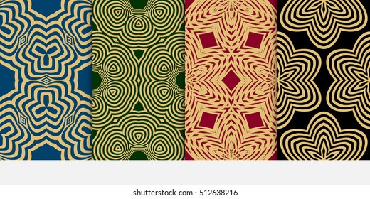 set of Seamless vector pattern. Geometric abstraction. Gold on the green, blue, red, black background. Vector illustration. For the interior design, wallpaper