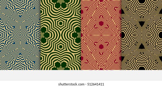 set of Seamless vector pattern. Geometric abstraction. Gold on the green, blue, red, black background. Vector illustration. For the interior design, wallpaper