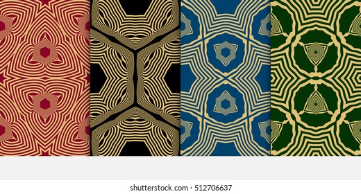 set of Seamless vector pattern. Geometric abstraction. Gold on the green, blue, red, black background. Vector illustration. For the interior design, wallpaper