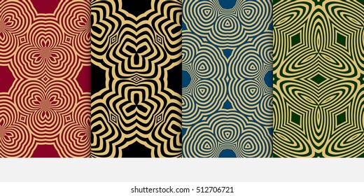 set of Seamless vector pattern. Geometric abstraction. Gold on the green, blue, red, black background. Vector illustration. For the interior design, wallpaper