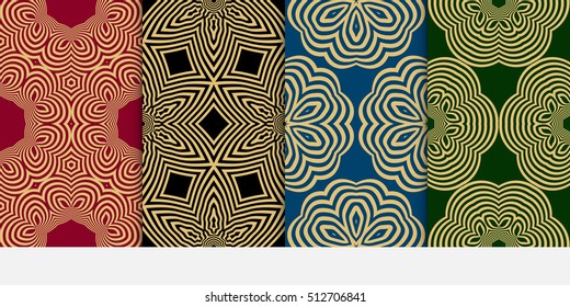 set of Seamless vector pattern. Geometric abstraction. Gold on the green, blue, red, black background. Vector illustration. For the interior design, wallpaper