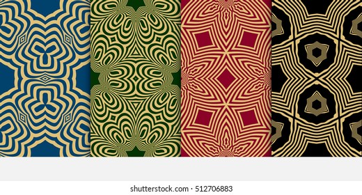 set of Seamless vector pattern. Geometric abstraction. Gold on the green, blue, red, black background. Vector illustration. For the interior design, wallpaper